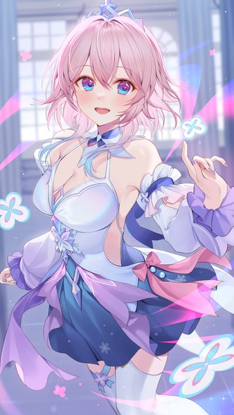 Anime picture 2480x4407 with honkai: star rail honkai (series) march 7th (honkai: star rail) ion (on01e) single tall image blush fringe highres short hair breasts open mouth blue eyes light erotic smile hair between eyes large breasts standing bare shoulders looking away