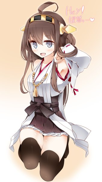 Anime picture 1413x2500 with kantai collection kongou battleship oouso (usotsukiya) single long hair tall image blush open mouth brown hair ahoge traditional clothes grey eyes nontraditional miko girl thighhighs hair ornament bow black thighhighs hairband