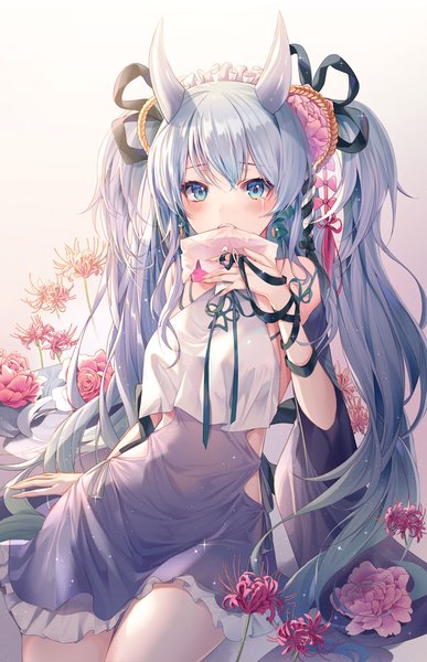 Anime picture 740x1147 with original develop2 single long hair tall image looking at viewer blush fringe blue eyes simple background hair between eyes sitting twintails bare shoulders holding blue hair hair flower horn (horns) fingernails wide sleeves