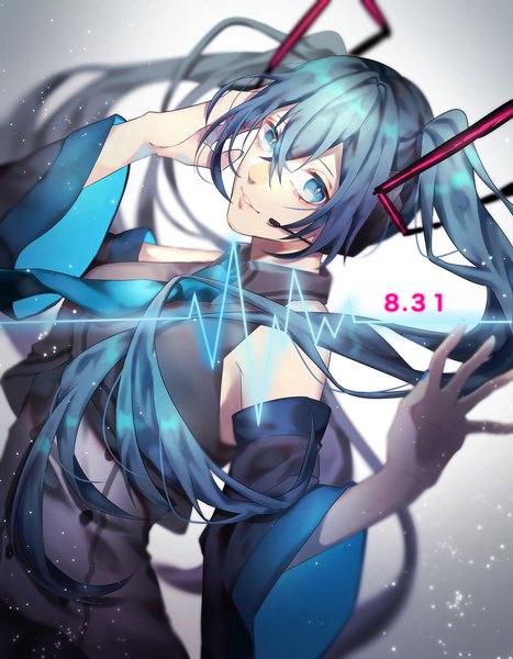 Anime picture 2100x2700 with vocaloid hatsune miku hi syoku single long hair tall image looking at viewer fringe highres blue eyes hair between eyes twintails blue hair upper body dated girl detached sleeves necktie headphones headset