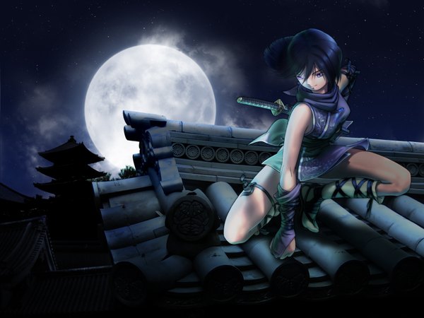 Anime picture 1600x1200 with original jetto furikuu single fringe short hair black hair hair between eyes purple eyes full body bent knee (knees) outdoors wind night arm support night sky looking down dark background squat sheathed girl