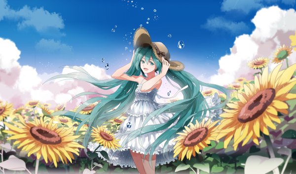 Anime picture 1200x706 with vocaloid hatsune miku michi (iawei) single looking at viewer open mouth wide image twintails sky cloud (clouds) very long hair aqua eyes aqua hair girl hat sundress bubble (bubbles) sunflower