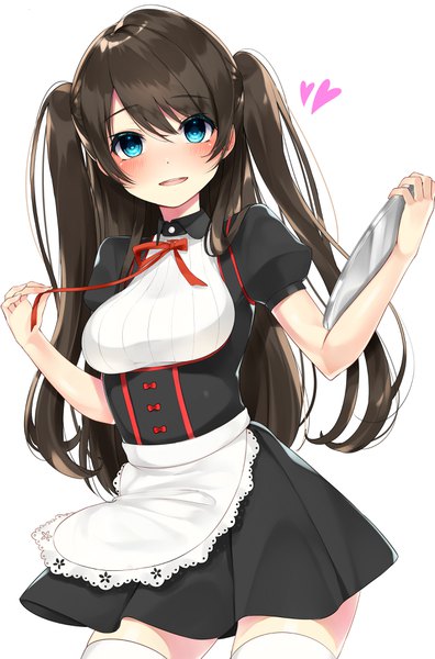 Anime picture 2507x3800 with original nezumidoshi long hair tall image looking at viewer blush highres breasts blue eyes brown hair white background twintails short sleeves puffy sleeves happy waitress girl uniform heart apron