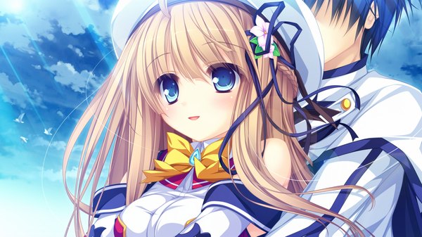 Anime picture 1280x720 with magicalic sky high kawasumi yurika mikagami mamizu long hair blush open mouth blue eyes blonde hair wide image game cg sky cloud (clouds) couple hug girl boy hair ornament beret