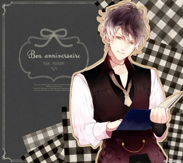 Anime picture 1280x1138 with diabolik lovers idea factory mukami ruki satoi (artist) single short hair open mouth black hair looking away light smile inscription open clothes grey eyes open shirt character names piercing dark background open collar checkered checkered background