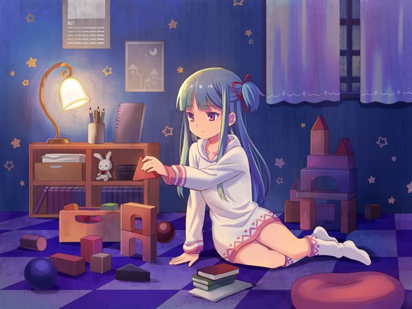Anime picture 1800x1350 with original shati single long hair highres sitting blue hair looking away full body indoors pink eyes arm support one side up light checkered floor floor girl ribbon (ribbons) hair ribbon socks