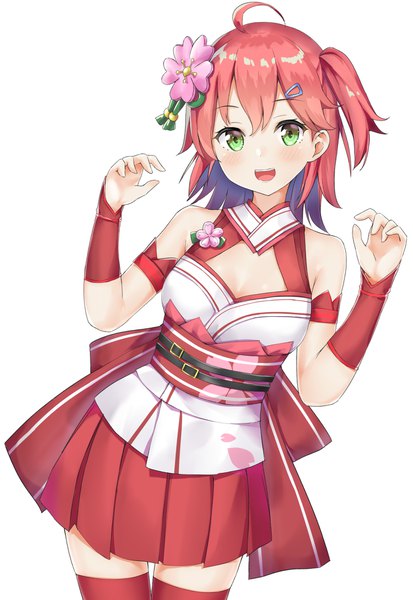Anime picture 1378x2000 with virtual youtuber hololive sakura miko sakura miko (old design) fuji noyume single tall image looking at viewer blush fringe short hair open mouth simple background white background green eyes cleavage ahoge red hair hair flower sleeveless