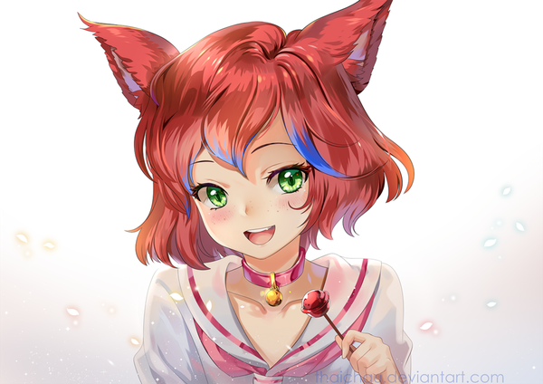 Anime picture 1024x724 with original riiya (mabong1989) single looking at viewer blush fringe short hair open mouth simple background smile holding green eyes signed animal ears upper body red hair head tilt :d multicolored hair teeth