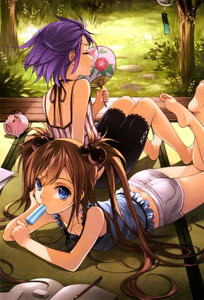 Anime picture 4510x6630 with ryou kimagure long hair tall image highres short hair blue eyes brown hair sitting twintails multiple girls absurdres purple hair lying eyes closed barefoot summer girl flower (flowers) 2 girls plant (plants)