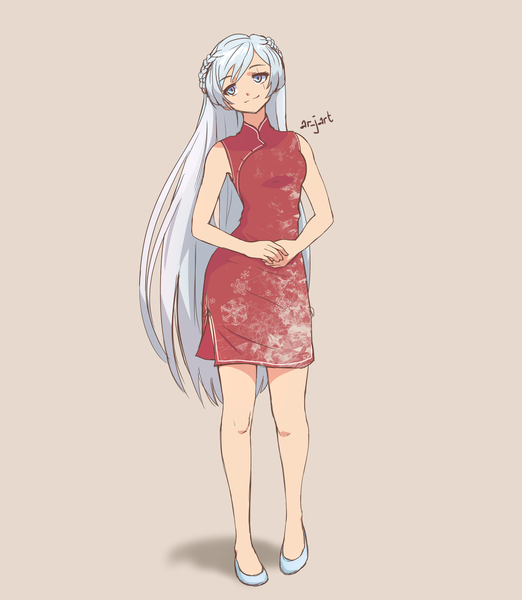 Anime picture 2000x2300 with rwby rooster teeth weiss schnee ar jart single tall image highres blue eyes simple background smile standing signed looking away silver hair full body braid (braids) very long hair traditional clothes sleeveless chinese clothes