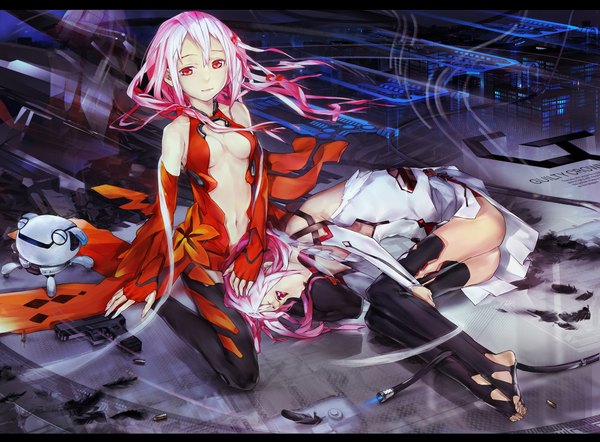 Anime picture 1920x1415 with guilty crown production i.g yuzuriha inori fyu-neru el-zheng long hair highres breasts light erotic red eyes pink hair ass letterboxed dual persona girl thighhighs navel weapon black thighhighs detached sleeves