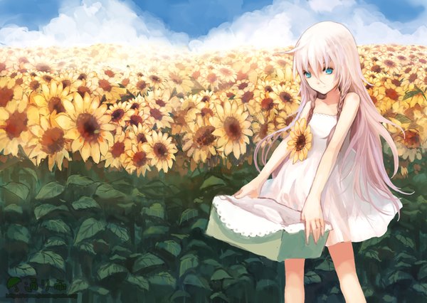 Anime picture 1920x1364 with vocaloid ia (vocaloid) rudrawong single long hair fringe highres blue eyes standing bare shoulders holding white hair braid (braids) sunlight twin braids girl dress flower (flowers) white dress leaf (leaves)