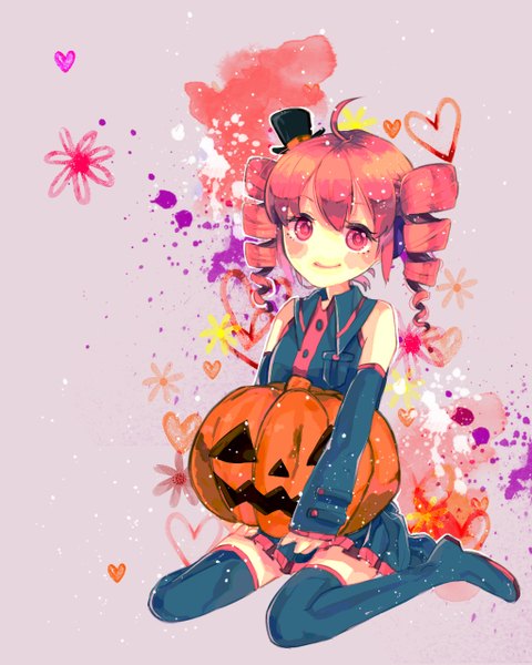 Anime picture 1024x1280 with utau kasane teto vient single tall image looking at viewer blush short hair simple background smile pink hair ahoge pink eyes drill hair halloween girl hat detached sleeves headphones thigh boots