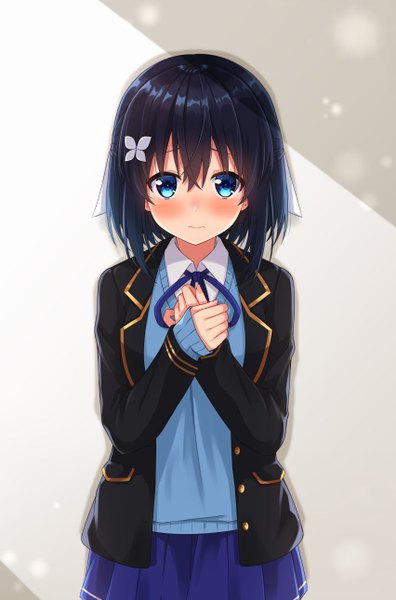 Anime picture 852x1289 with original rivier (kuzuyu) komori kuzuyu single tall image looking at viewer blush fringe blue eyes black hair simple background hair between eyes standing pleated skirt grey background embarrassed hand on chest sleeves past wrists half updo hands clasped