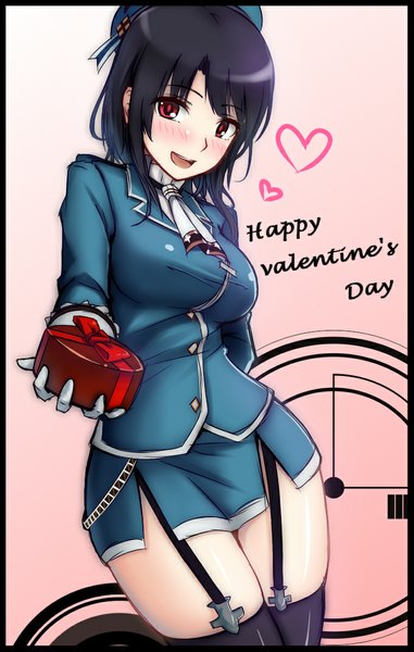 Anime picture 680x1070 with kantai collection takao heavy cruiser gayprince single tall image looking at viewer blush short hair open mouth black hair red eyes valentine girl thighhighs dress black thighhighs heart beret gift