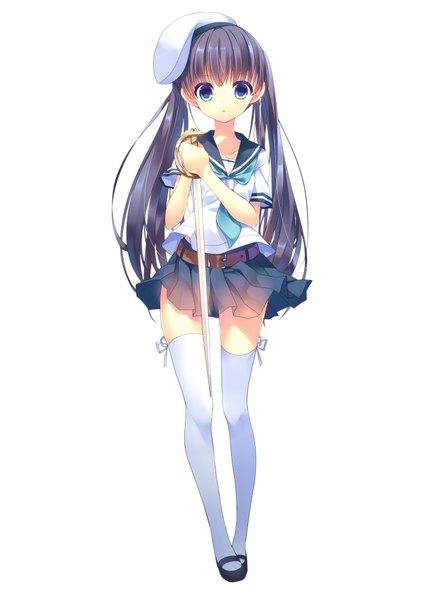 Anime picture 1416x2000 with original nametakenoko single long hair tall image looking at viewer blue eyes simple background white background twintails blue hair girl thighhighs skirt uniform weapon white thighhighs sword serafuku beret