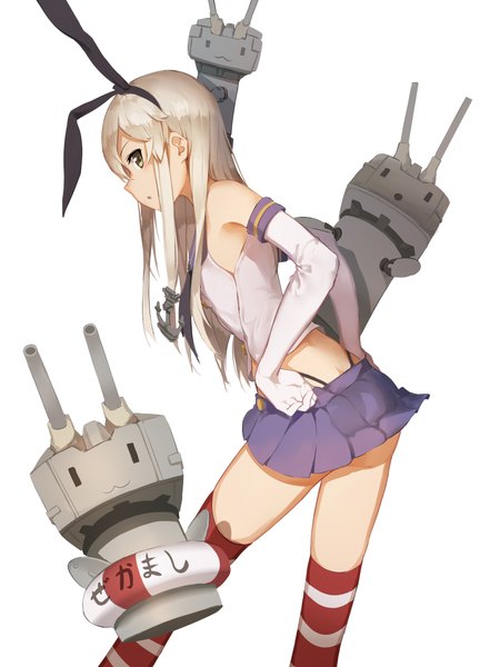 Anime picture 1771x2362 with kantai collection shimakaze destroyer rensouhou-chan huanxiang heitu single long hair tall image looking at viewer blush highres simple background blonde hair white background grey eyes zettai ryouiki :3 hands on hips girl thighhighs skirt