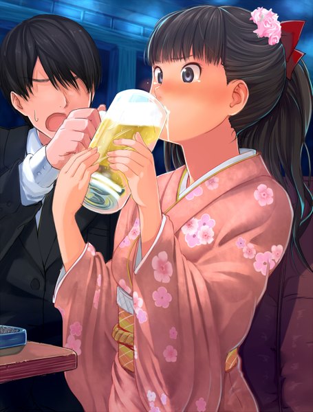 Anime picture 1105x1455 with amagami ayatsuji tsukasa santa (sunflower) long hair tall image blush open mouth blue eyes black hair ponytail traditional clothes japanese clothes girl boy kimono alcohol beer