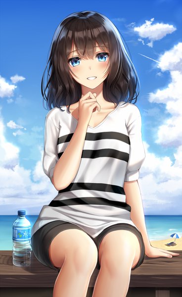 Anime picture 900x1465 with original superpig (wlstjqdla) single long hair tall image looking at viewer blush fringe blue eyes black hair smile hair between eyes sitting sky cloud (clouds) outdoors parted lips arm support short sleeves beach