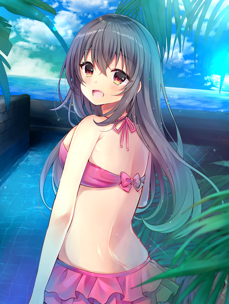 Anime picture 1000x1323 with original minami saki single long hair tall image looking at viewer blush fringe breasts open mouth light erotic black hair smile hair between eyes standing brown eyes payot sky cloud (clouds) :d