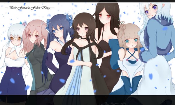 Anime picture 2500x1500 with original pixiv fantasia pixiv fantasia fallen kings dusk/dawn long hair highres open mouth blue eyes black hair red eyes wide image twintails multiple girls yellow eyes blue hair pink hair white hair pink eyes grey hair 6+ girls