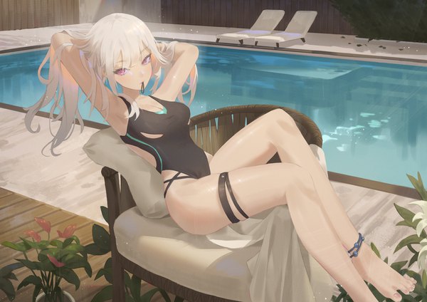 Anime picture 1697x1200 with girls frontline ak-12 (girls frontline) cirilla single long hair looking at viewer blush fringe breasts light erotic hair between eyes large breasts sitting purple eyes holding silver hair bent knee (knees) nail polish barefoot arms up