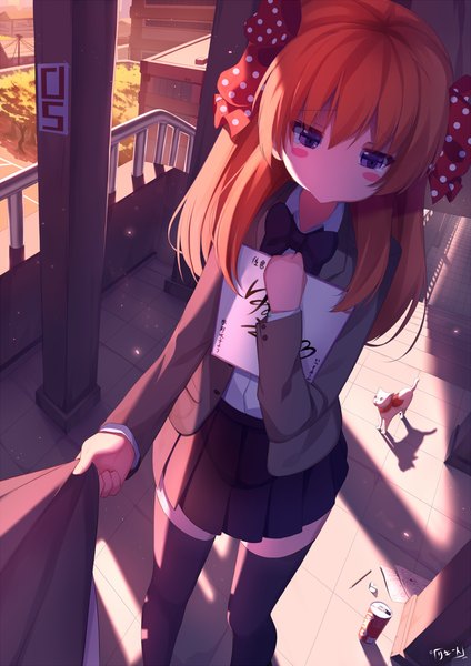 Anime picture 800x1131 with gekkan shoujo nozaki-kun doga kobo sakura chiyo riki-to long hair tall image blush purple eyes orange hair zettai ryouiki polka dot girl thighhighs skirt uniform bow black thighhighs hair bow school uniform animal