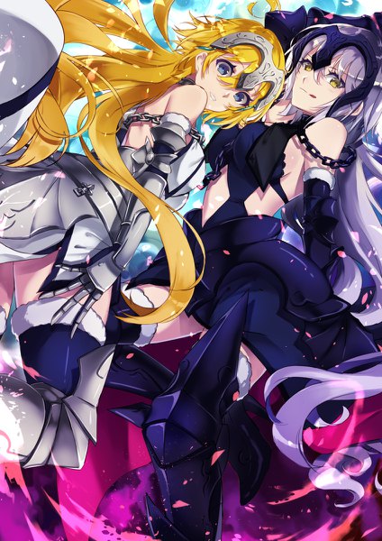 Anime picture 848x1200 with fate (series) fate/grand order jeanne d'arc (fate) (all) jeanne d'arc alter (fate) jeanne d'arc (fate) jeanne d'arc alter (avenger) (third ascension) (fate) kusaka kou tall image looking at viewer fringe blue eyes blonde hair hair between eyes multiple girls yellow eyes silver hair very long hair from below fur trim :q