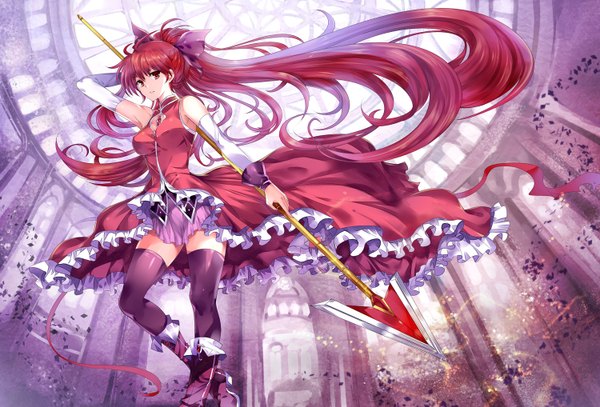 Anime picture 1500x1018 with mahou shoujo madoka magica shaft (studio) sakura kyouko pico (picollector79) single long hair red eyes ponytail red hair girl thighhighs bow weapon black thighhighs hair bow detached sleeves boots spear
