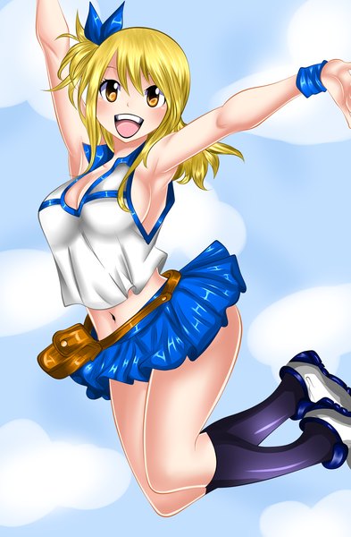Anime picture 1024x1563 with fairy tail lucy heartfilia mmdlucyextend single long hair tall image blush open mouth blonde hair smile yellow eyes ponytail pleated skirt armpit (armpits) midriff coloring side ponytail spread arms jumping girl
