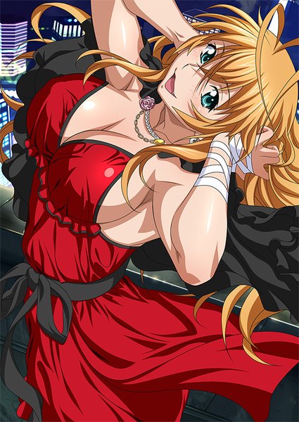 Anime picture 600x847 with ikkitousen sonsaku hakufu single long hair tall image blush breasts open mouth blue eyes light erotic blonde hair large breasts cleavage girl dress red dress