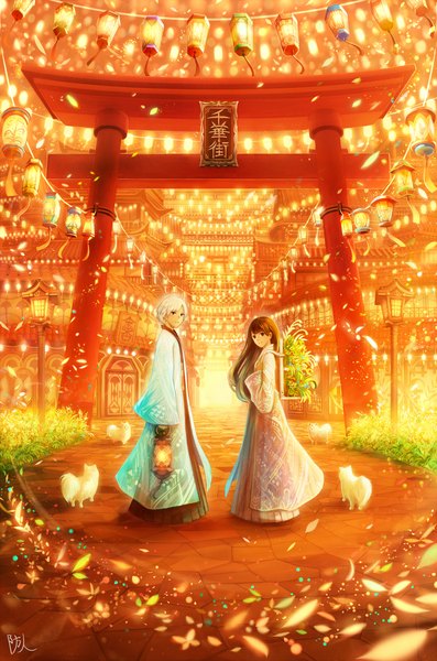 Anime picture 1377x2080 with original bounin long hair tall image looking at viewer short hair smile brown hair brown eyes signed white hair fantasy architecture east asian architecture girl dress boy animal petals building (buildings)