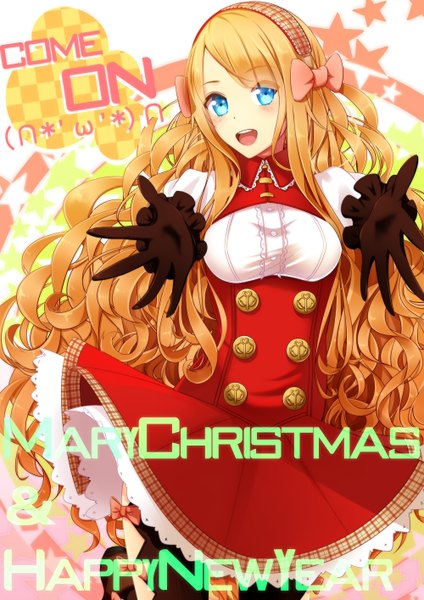 Anime picture 2000x2828 with koyaya (sorano) single long hair tall image blush highres open mouth blue eyes blonde hair inscription outstretched arm christmas checkered merry christmas happy new year curly hair girl dress gloves bow