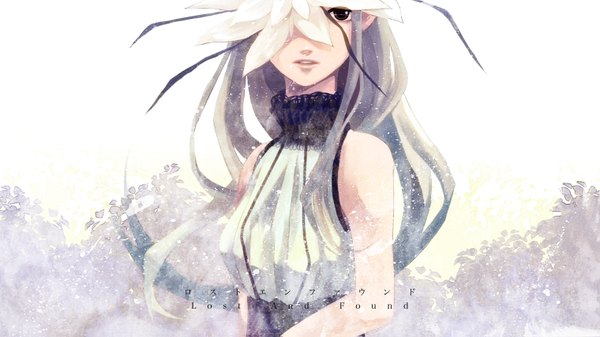 Anime picture 1520x855 with vocaloid hatsune miku atha29 single long hair looking at viewer open mouth wide image bare shoulders hair flower grey hair black eyes sleeveless alternate hairstyle girl dress hair ornament flower (flowers)