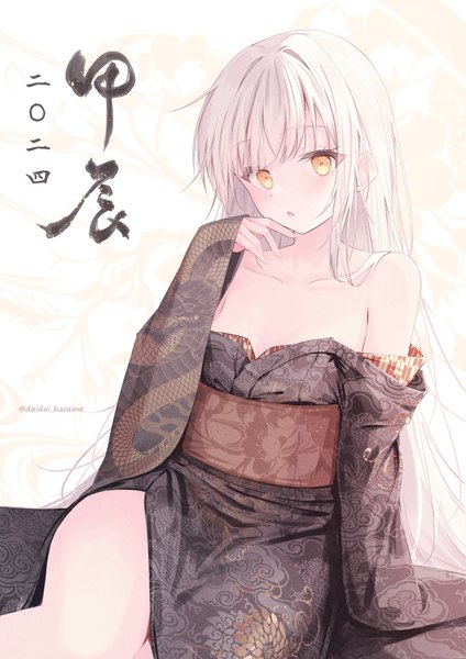 Anime picture 2894x4093 with original daidai (daidai826) single long hair tall image looking at viewer highres light erotic sitting signed yellow eyes white hair traditional clothes japanese clothes off shoulder twitter username new year 2024 girl kimono