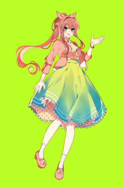 Anime picture 1304x1968 with doki doki literature club monika (doki doki literature club) savi (byakushimc) single long hair tall image looking at viewer blush fringe open mouth simple background smile hair between eyes brown hair standing green eyes payot full body ponytail long sleeves