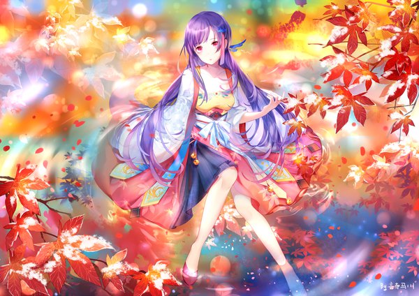 Anime picture 1500x1060 with original yu jiu single long hair looking at viewer red eyes sitting signed purple hair traditional clothes japanese clothes from above girl hair ornament leaf (leaves) bell maple leaf