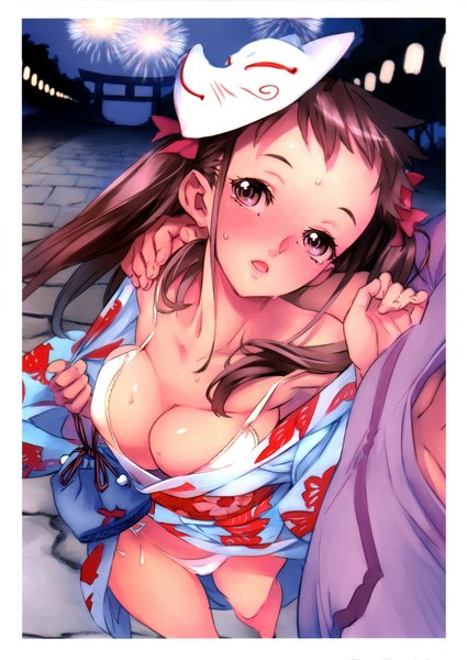 Anime picture 1600x2260 with original nishieda long hair tall image breasts open mouth light erotic brown hair twintails brown eyes traditional clothes japanese clothes night sweat night sky mask on head fireworks gate girl boy