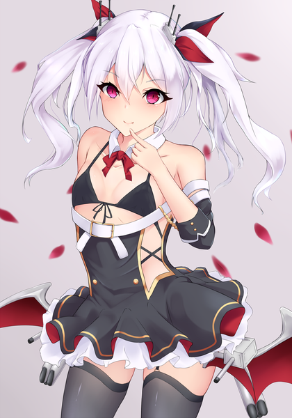 Anime picture 960x1372 with azur lane vampire (azur lane) ranju aira single long hair tall image looking at viewer blush fringe breasts light erotic simple background smile hair between eyes standing twintails bare shoulders silver hair pink eyes grey background