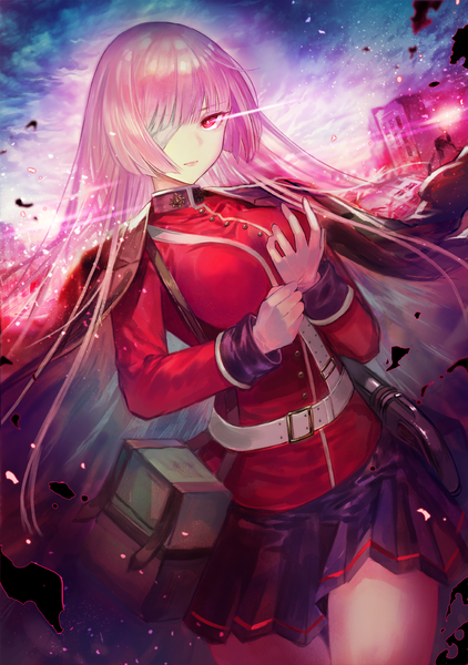 Anime picture 1000x1421 with fate (series) fate/grand order florence nightingale (fate) terai (teraimorimori) single long hair tall image looking at viewer fringe highres breasts simple background red eyes standing payot pink hair sky pleated skirt glowing glowing eye (eyes)