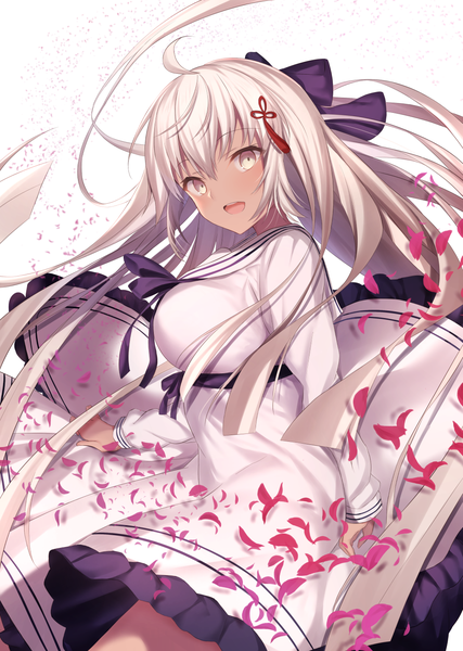 Anime picture 1020x1433 with fate (series) fate/grand order okita souji (fate) (all) okita souji alter (fate) maosame single tall image looking at viewer blush fringe breasts open mouth simple background smile hair between eyes standing white background yellow eyes silver hair ahoge