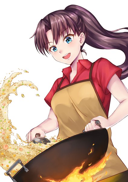 Anime picture 744x1052 with fate (series) fate/stay night emiya-san chi no kyou no gohan toosaka rin kelinch1 single long hair tall image blush fringe open mouth blue eyes simple background smile brown hair standing white background holding upper body ponytail