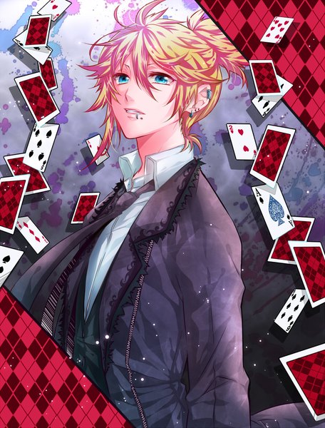 Anime picture 1520x2000 with vocaloid kagamine len tagme (artist) single tall image short hair blue eyes blonde hair looking away ponytail teeth piercing ear piercing lip piercing boy necktie suit card (cards)