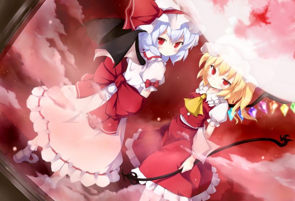 Anime picture 1466x1000 with touhou flandre scarlet remilia scarlet msa blonde hair red eyes multiple girls blue hair cloud (clouds) red moon girl dress skirt bow weapon 2 girls wings bonnet skirt set crystal