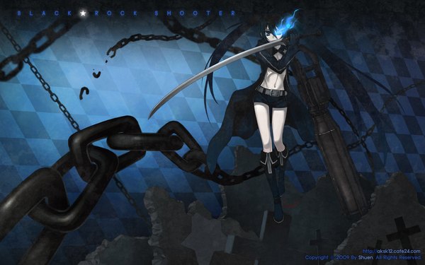 Anime picture 1920x1200 with black rock shooter black rock shooter (character) long hair highres blue eyes black hair wide image twintails girl weapon sword shorts boots chain cloak