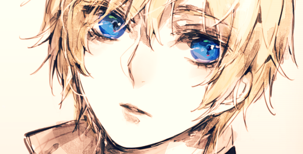 Anime picture 910x462 with original mii (chibinomi) single short hair blue eyes simple background blonde hair wide image looking away close-up face boy