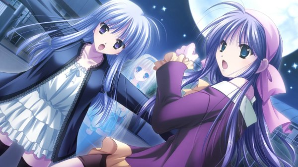 Anime picture 1280x720 with kagura gakuen ki akizuki koharu yamamoto kazue long hair open mouth blue eyes wide image purple eyes multiple girls blue hair game cg purple hair night girl 2 girls moon