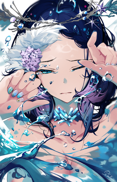 Anime picture 579x900 with original hirai yuzuki single long hair tall image looking at viewer breasts blue eyes signed blue hair upper body nail polish one eye closed multicolored hair hair flower fingernails arms up two-tone hair girl hair ornament
