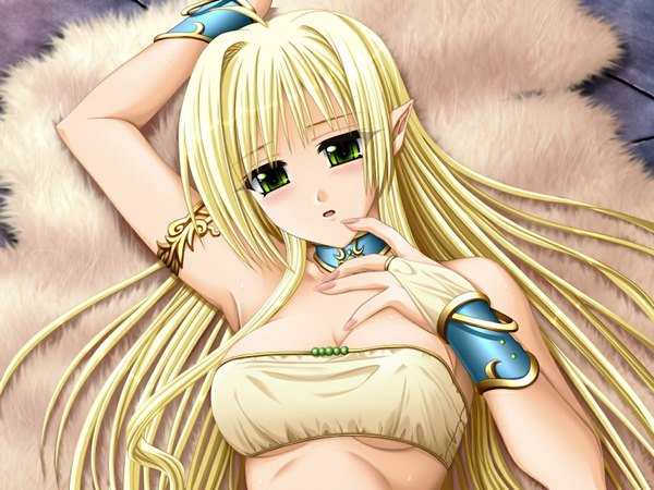 Anime picture 1024x768 with meishoku no reiki single long hair breasts open mouth light erotic blonde hair large breasts green eyes game cg elf slave girl
