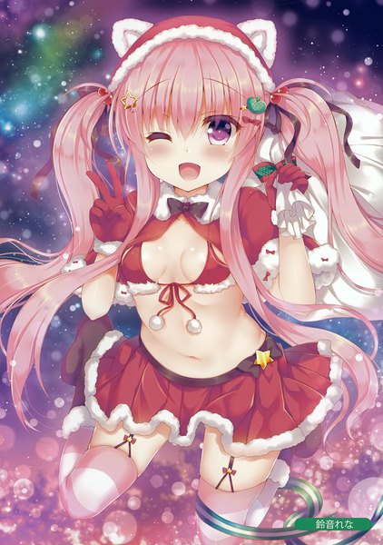 Anime picture 2463x3500 with melonbooks suzunone rena single long hair tall image looking at viewer blush highres breasts open mouth light erotic purple eyes twintails payot pink hair one eye closed wink scan victory christmas